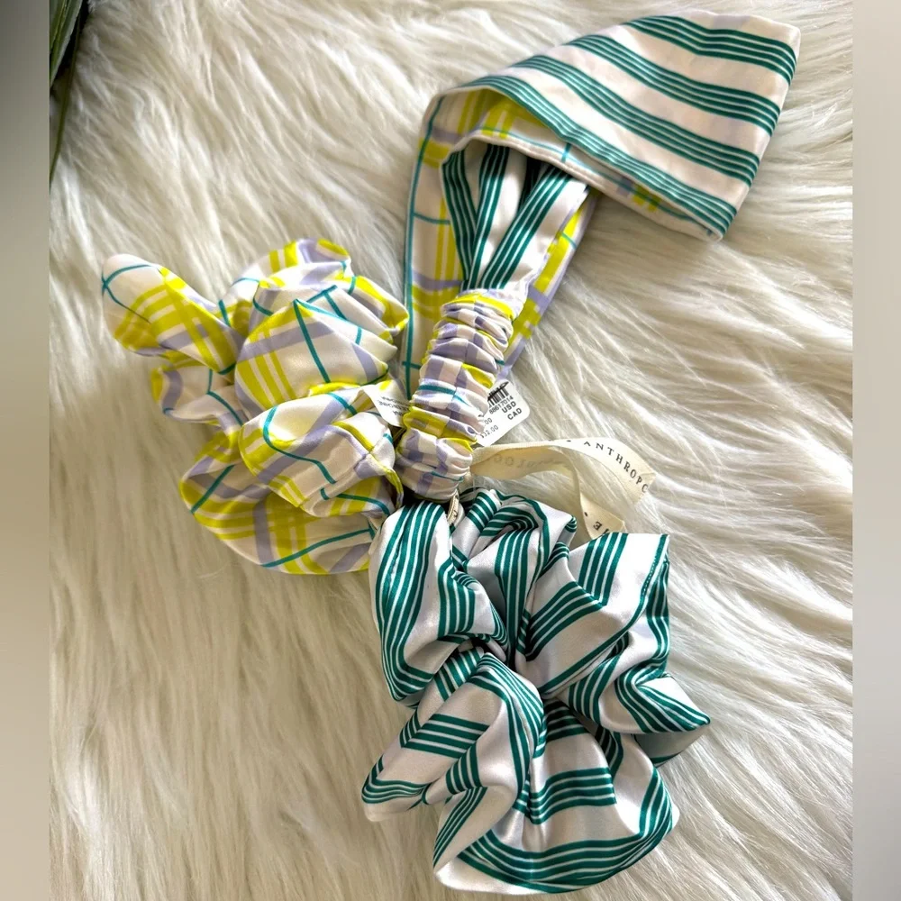 Anthropologie Printed Headband & Scrunchies Striped Green and Plaid Set